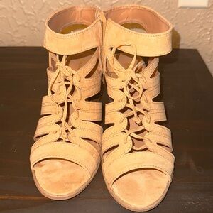 Qupid toffee suede heel sandal. Size 10